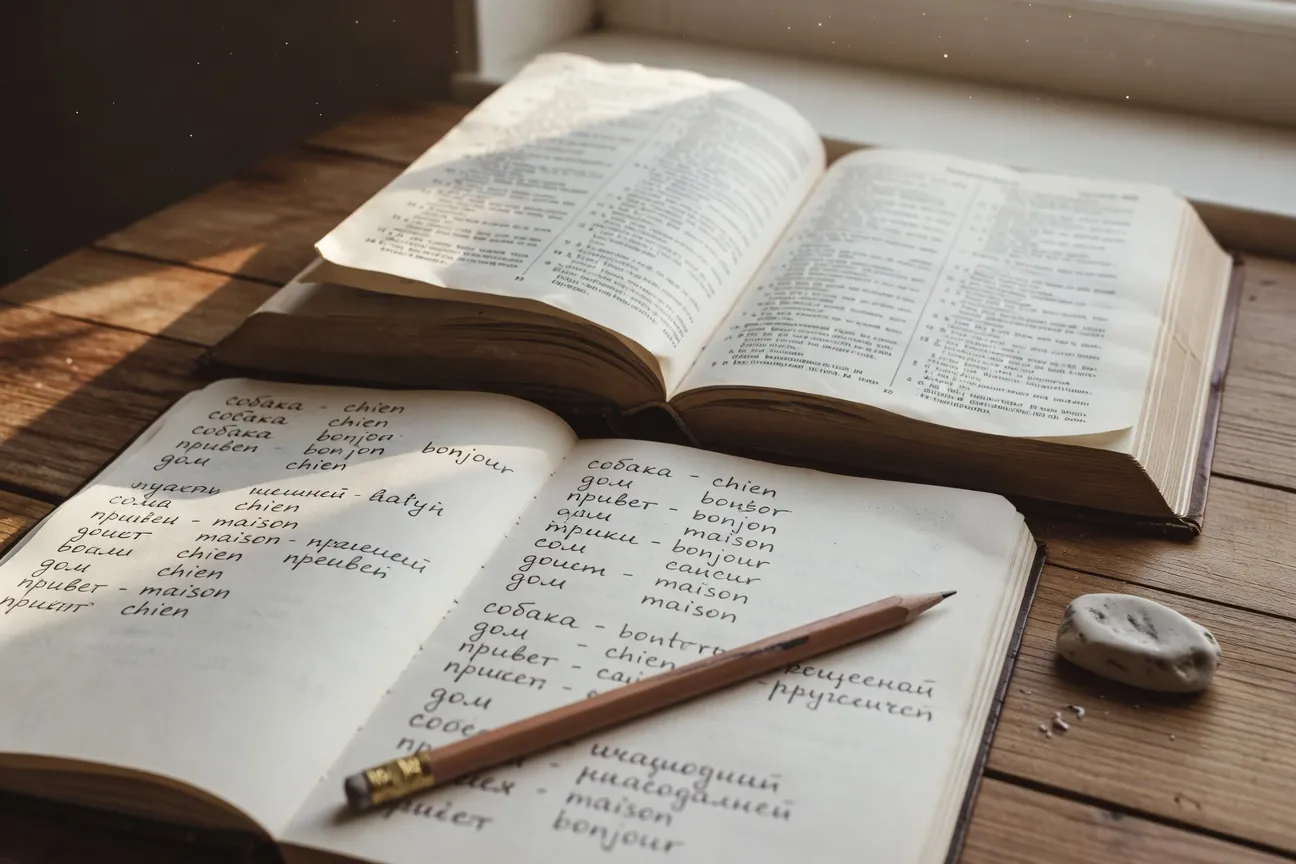 Cahier d'apprentissage du russe avec vocabulaire de voyage manuscrit