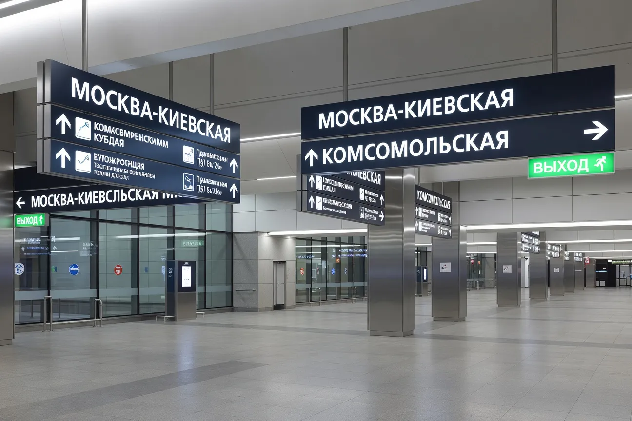 Panneaux en cyrillique dans une gare russe avec indications de direction