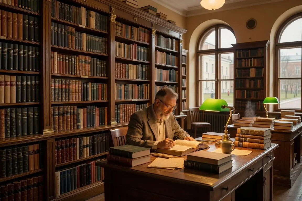 Gros plan sur étagère de classiques russes reliés cuir, lumière chaude de lampe de bibliothèque