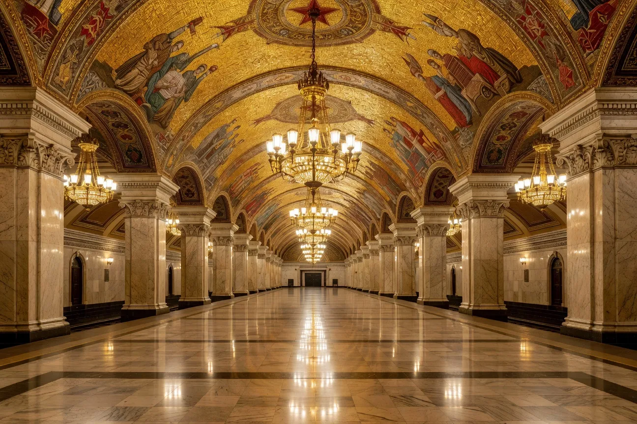 Station de métro baroque Komsomolskaya à Moscou avec ses mosaïques et lustres