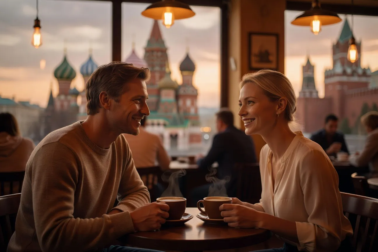 Couple franco-russe souriant assis dans un café moscovite chaleureux