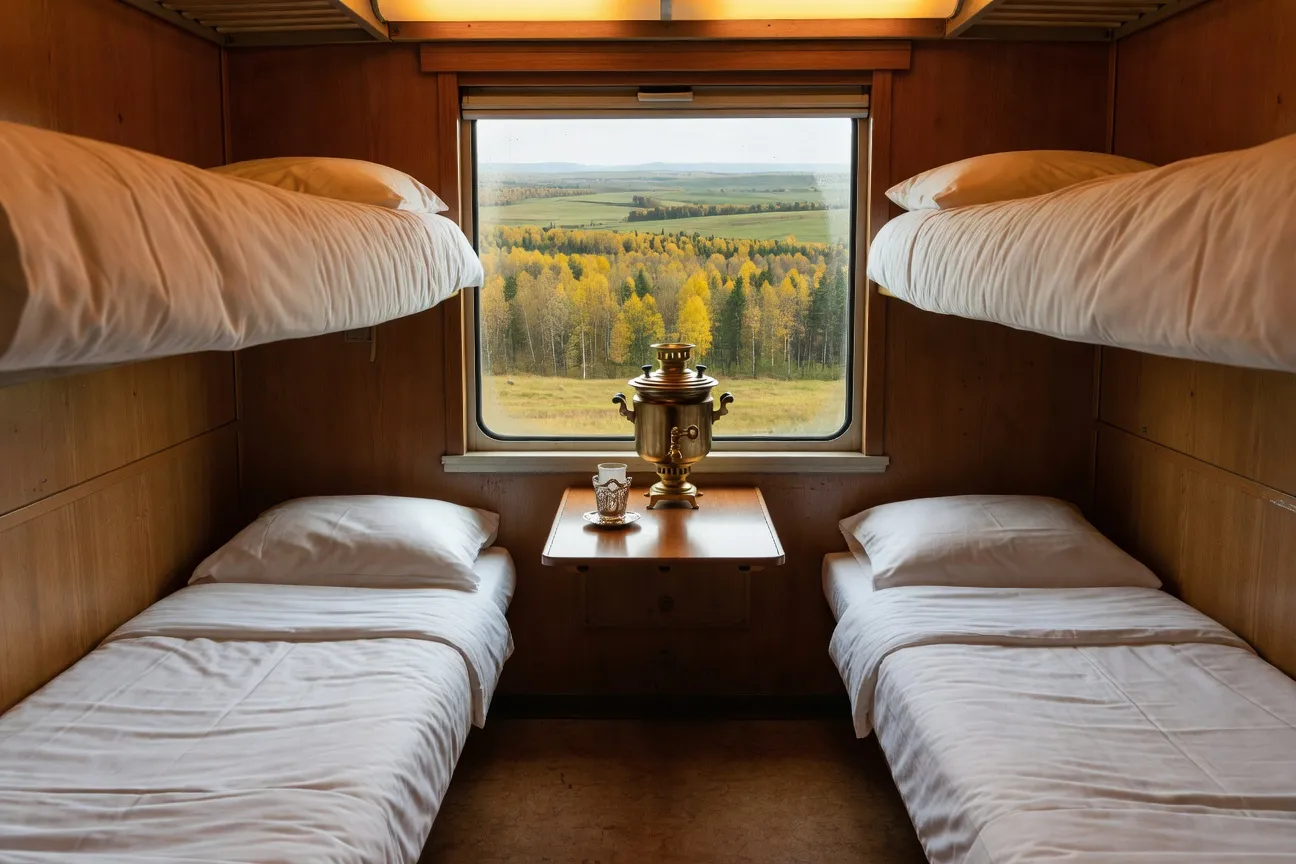 Compartiment kupe du Transsibérien avec ses couchettes et rideaux