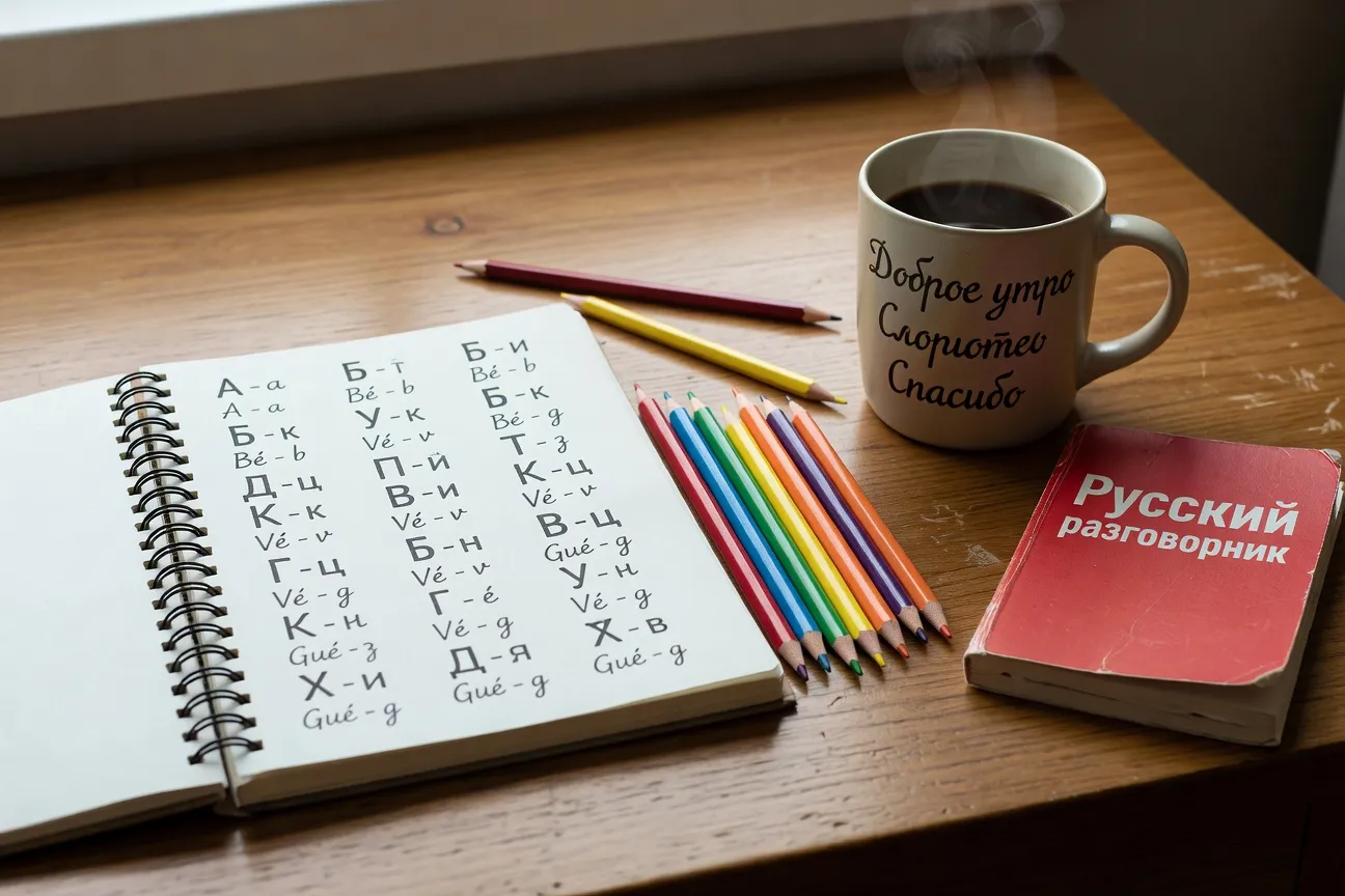 Tableau d'apprentissage du russe avec alphabet cyrillique et expressions courantes