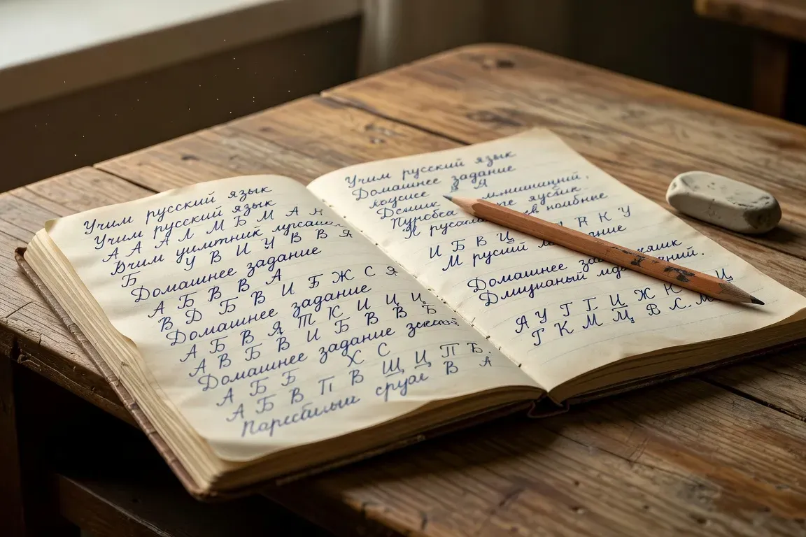Cahier d'écolier avec lettres cyrilliques tracées à la main, crayon et gomme sur table en bois