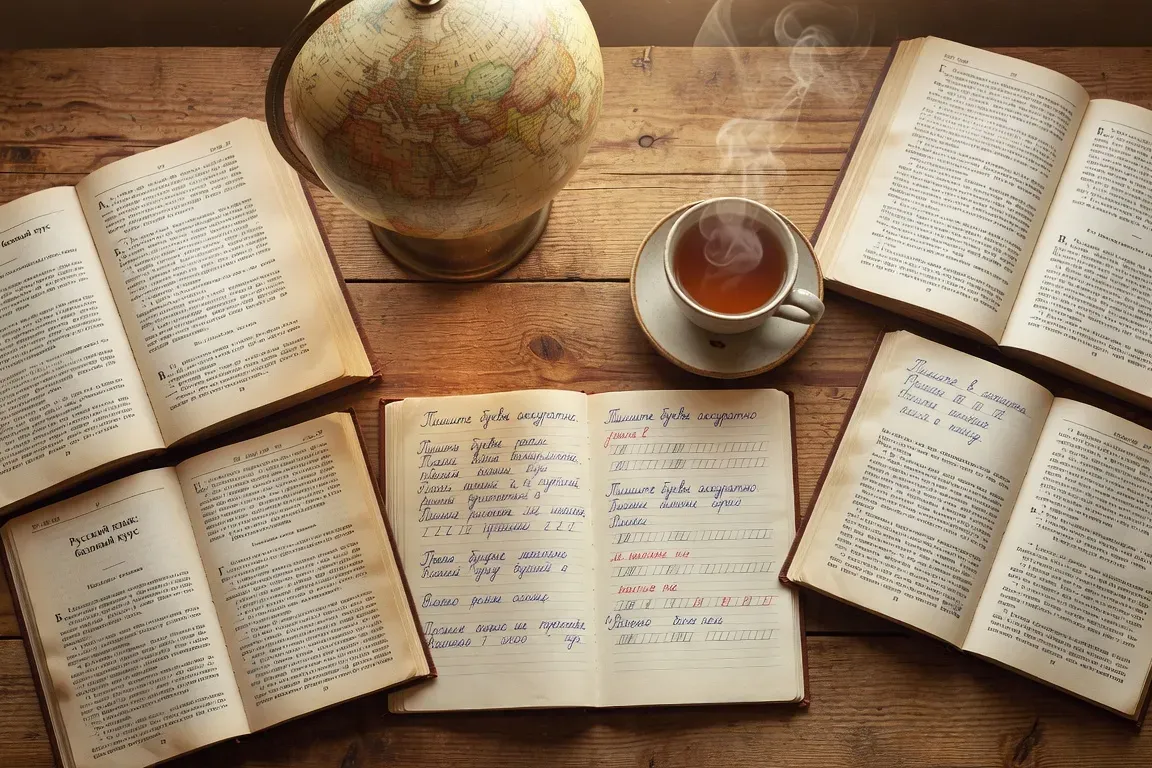Livres russes ouverts, cahier d'écriture cyrillique et tasse de thé sur table d'étude