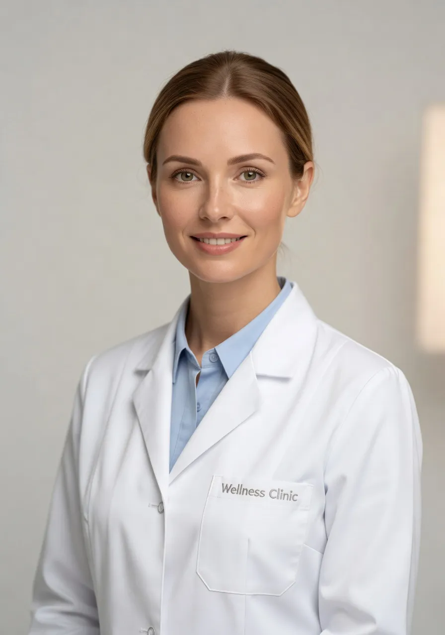 Portrait de Svetlana K., kinésithérapeute spécialisée en balnéologie thermale, blouse médicale, fond neutre