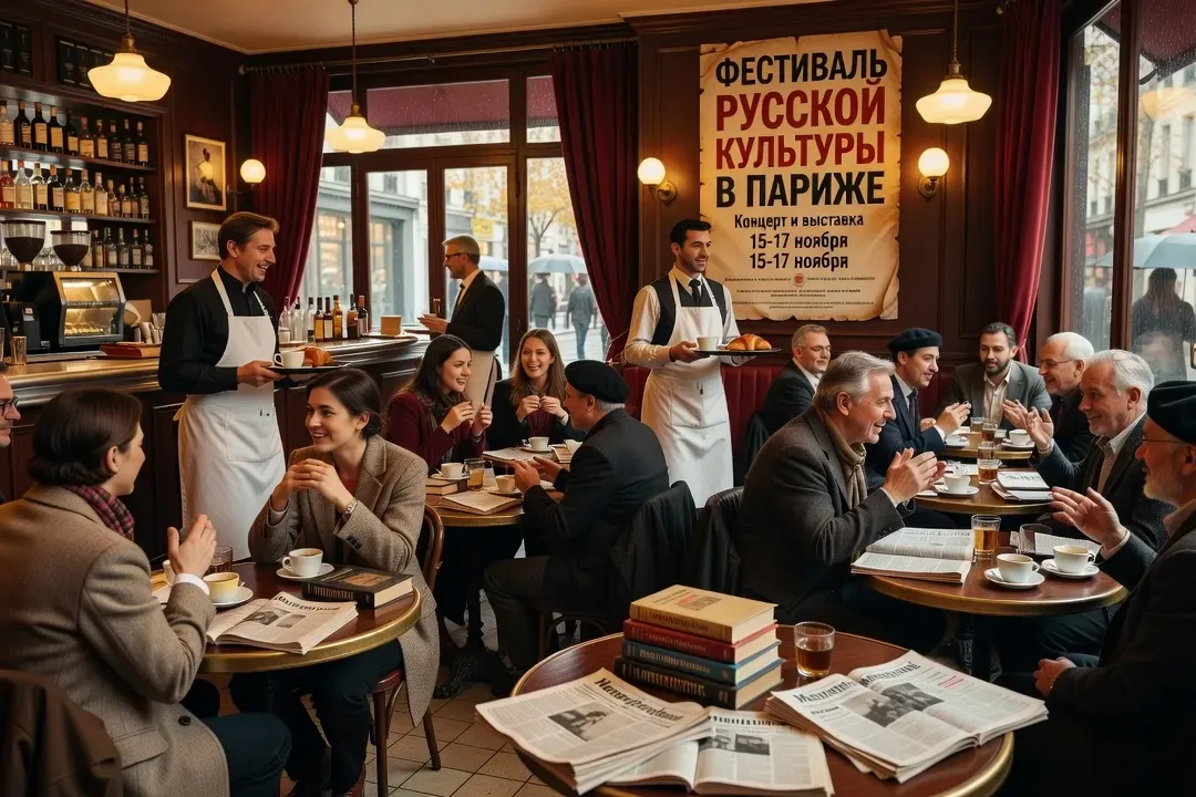 Café parisien animé avec clientèle russophone, livres russes et journaux sur les tables, affiche d'événement culturel russe au mur