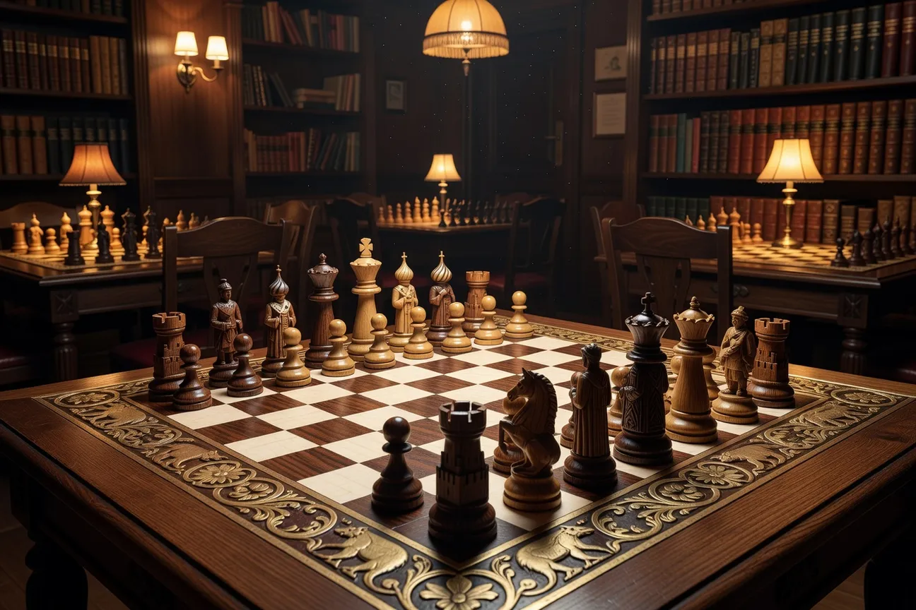 Échiquier russe traditionnel en bois sculpté dans l'ambiance d'un club d'échecs moscovite