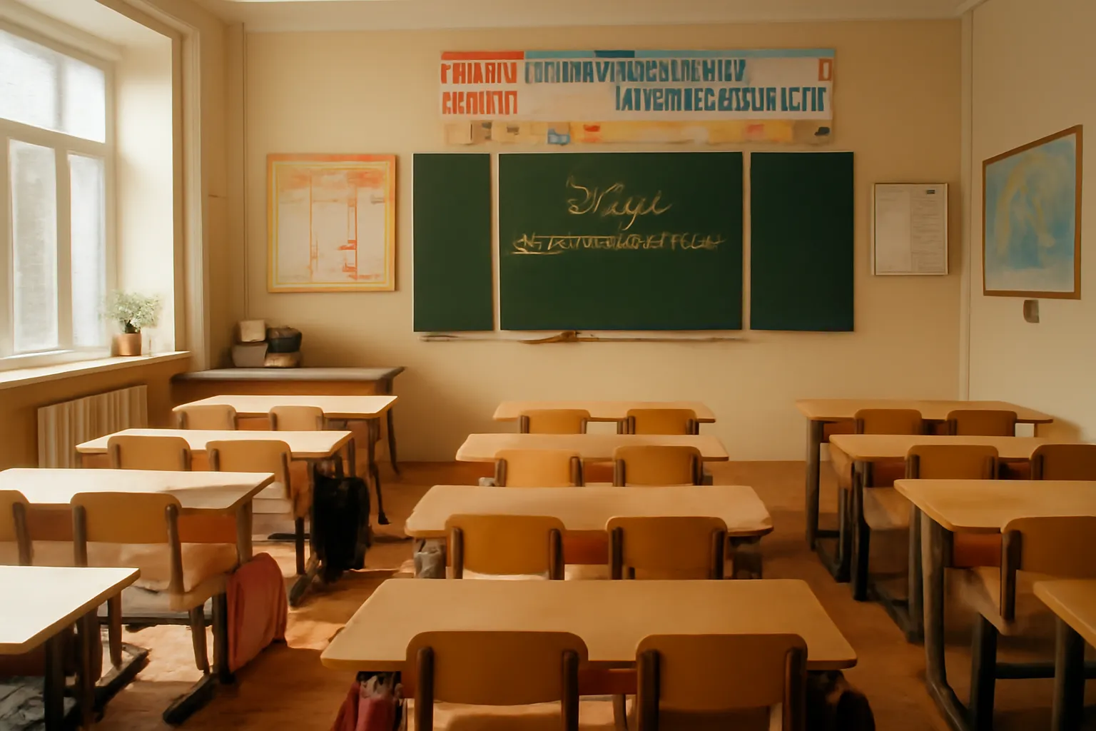 Salle de classe lumineuse d'une école élémentaire russe avec bureaux en bois