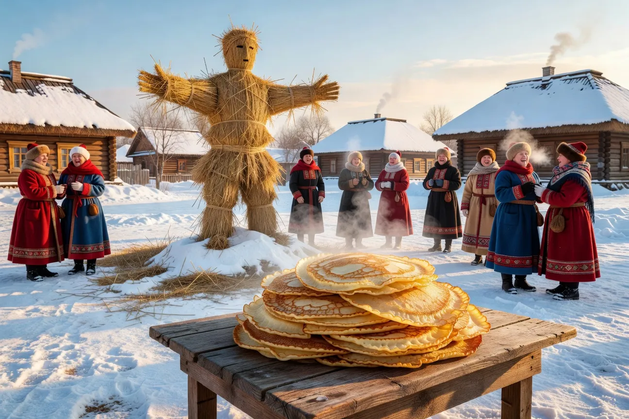 Crêpes traditionnelles de Maslenitsa et effigie de l'hiver dans une ambiance festive hivernale russe