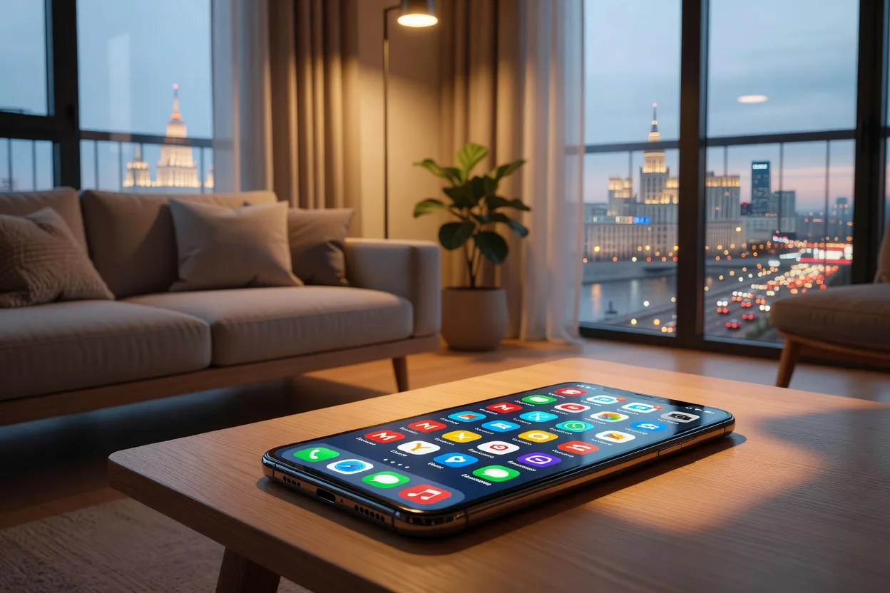 Écran de smartphone affichant une grille d'applications russes dans un appartement moderne à Moscou