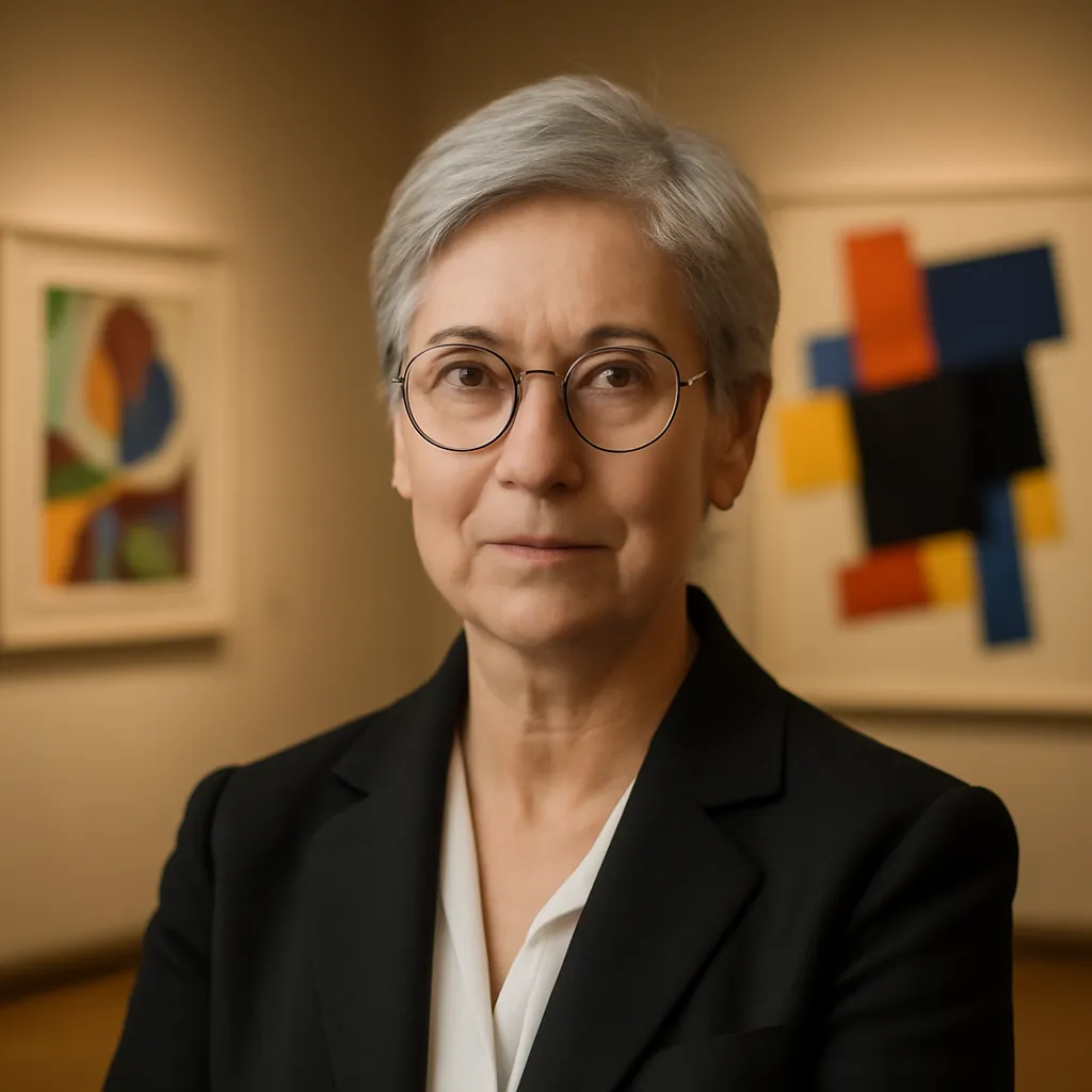 Portrait de Dr. Elena Sokolova, historienne de l'art specialiste de l'avant-garde russe, dans une galerie d'art