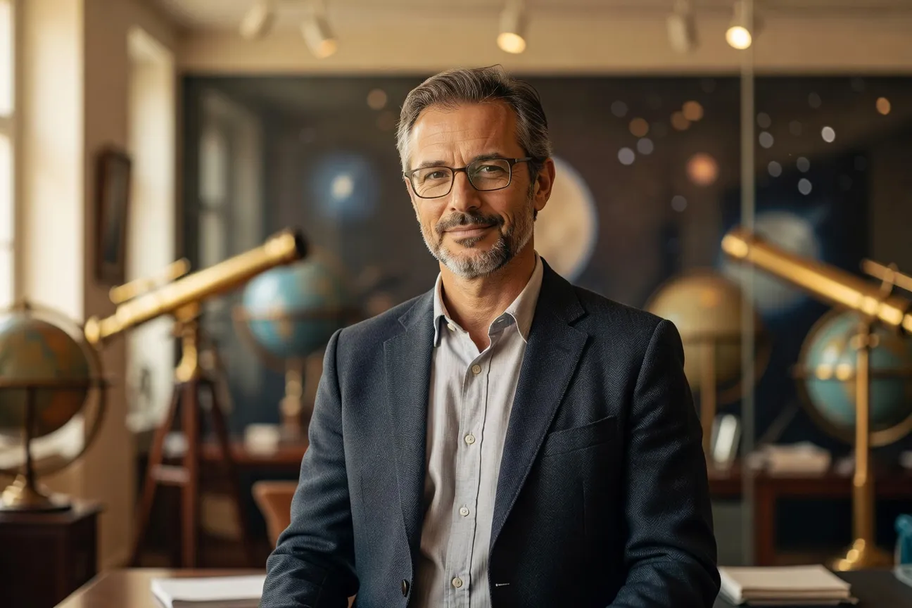 Portrait du Dr. Igor Sokolov, historien des sciences, dans un bureau évoquant la Cité de l'espace de Toulouse