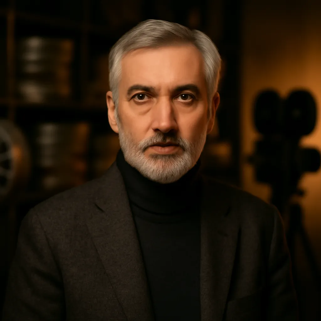Portrait de Mikhail Fedorov, critique et historien du cinéma russe et soviétique, dans un studio de tournage