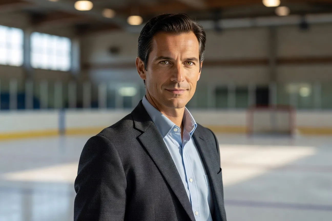 Marc Delattre, journaliste sportif, devant une patinoire de hockey russe en arrière-plan flouté