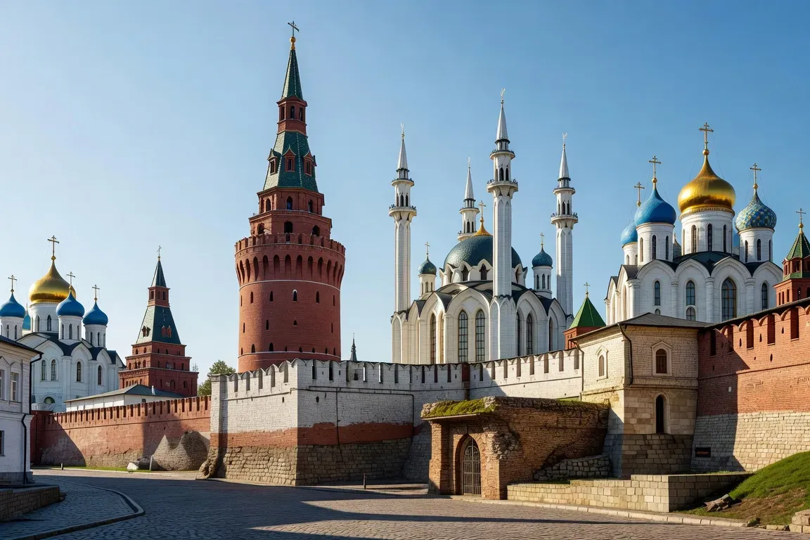 Vue du Kremlin de Kazan avec la mosquée Kul-Sharif à coupoles bleues et la tour Söyembikä