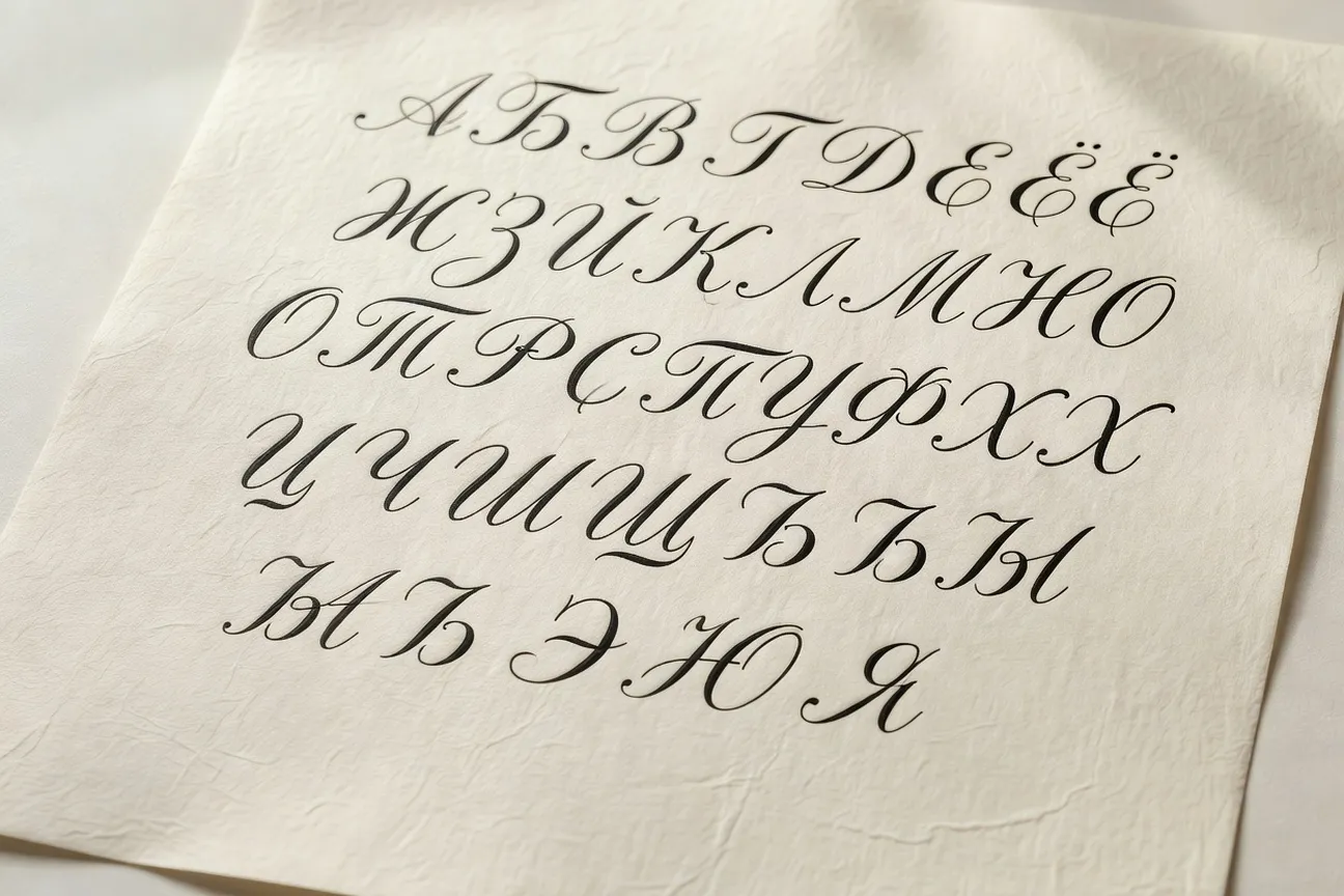 Cahier d'apprentissage du russe ouvert avec lettres cyrilliques calligraphiées
