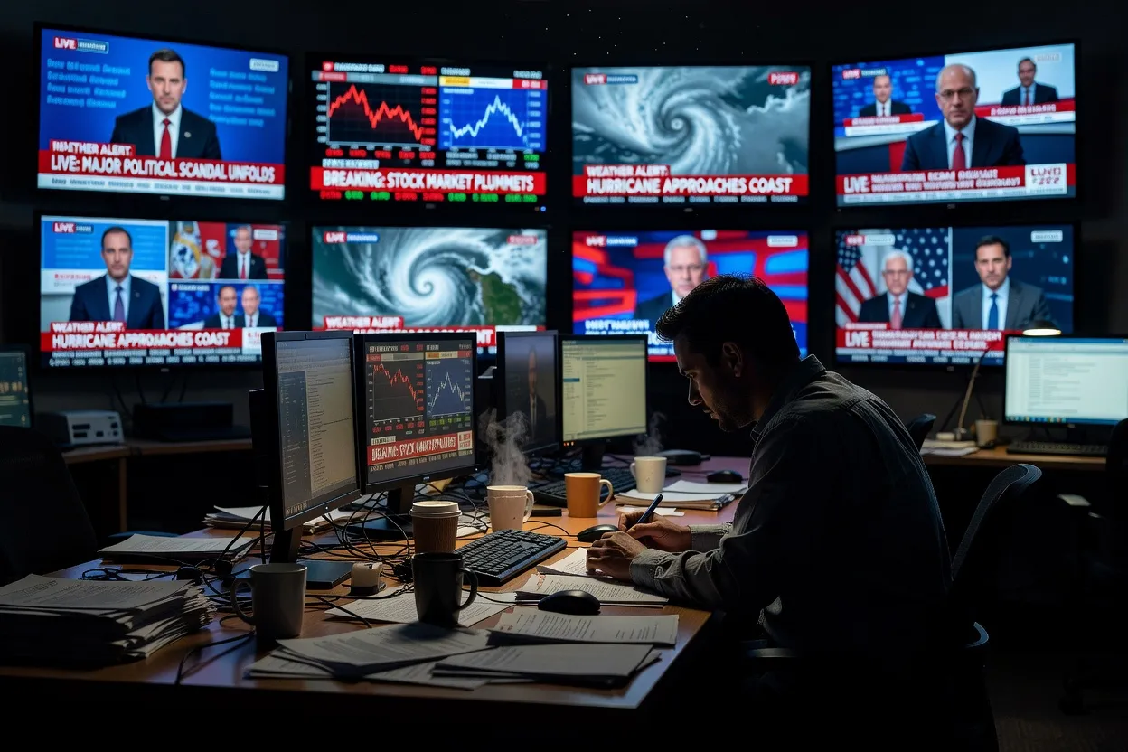 Studio de rédaction avec plusieurs écrans de télévision diffusant des programmes d'information