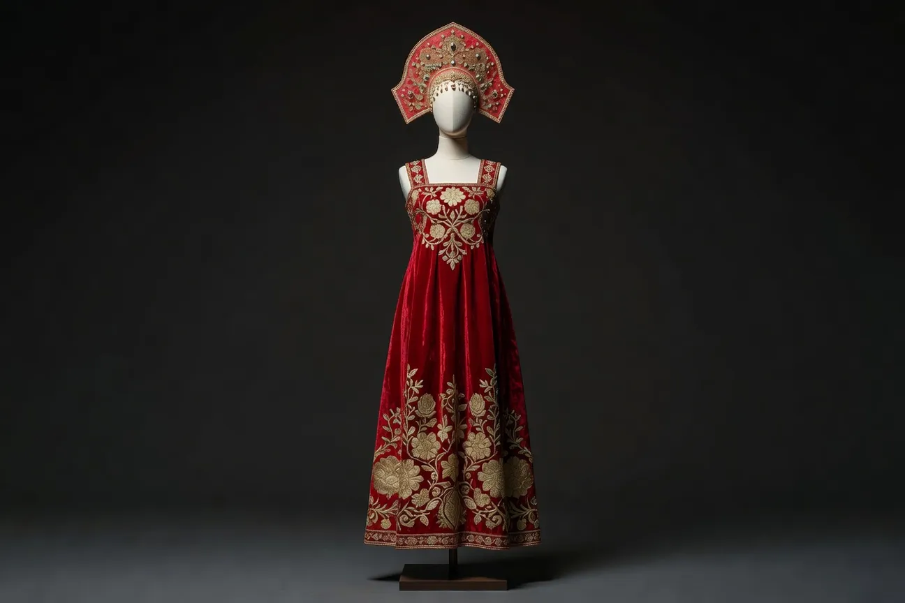 Costume traditionnel russe avec sarafan brodé et kokochnik porté par une modèle, ambiance artisanale