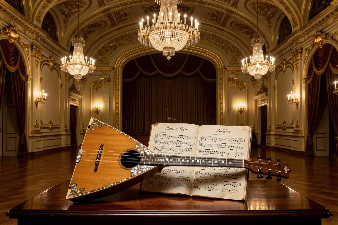 Balalaïka russe et partition musicale sur fond de salle de concert baroque dorée en Russie