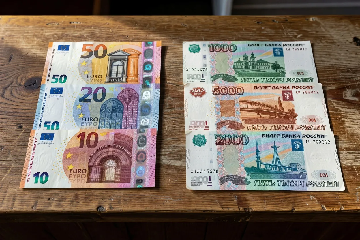 Billets en euros et en roubles russes posés côte à côte sur un comptoir