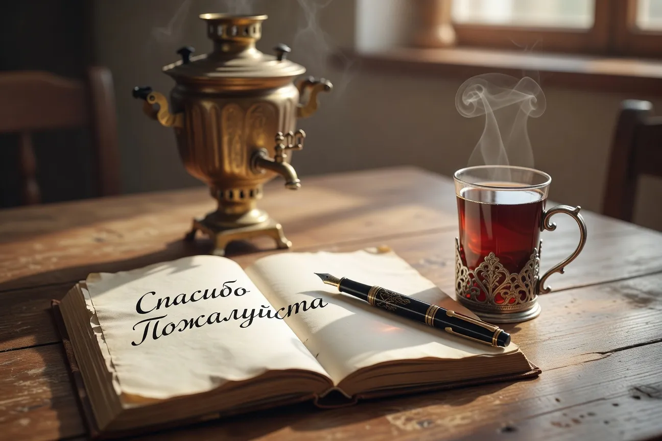 Manuel de russe ouvert sur les formules de politesse et tasse de thé samovar
