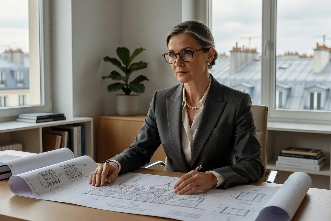 Portrait de Prof. Natalia Morozova, architecte-historienne, devant des plans d'architecture russe dans un bureau parisien