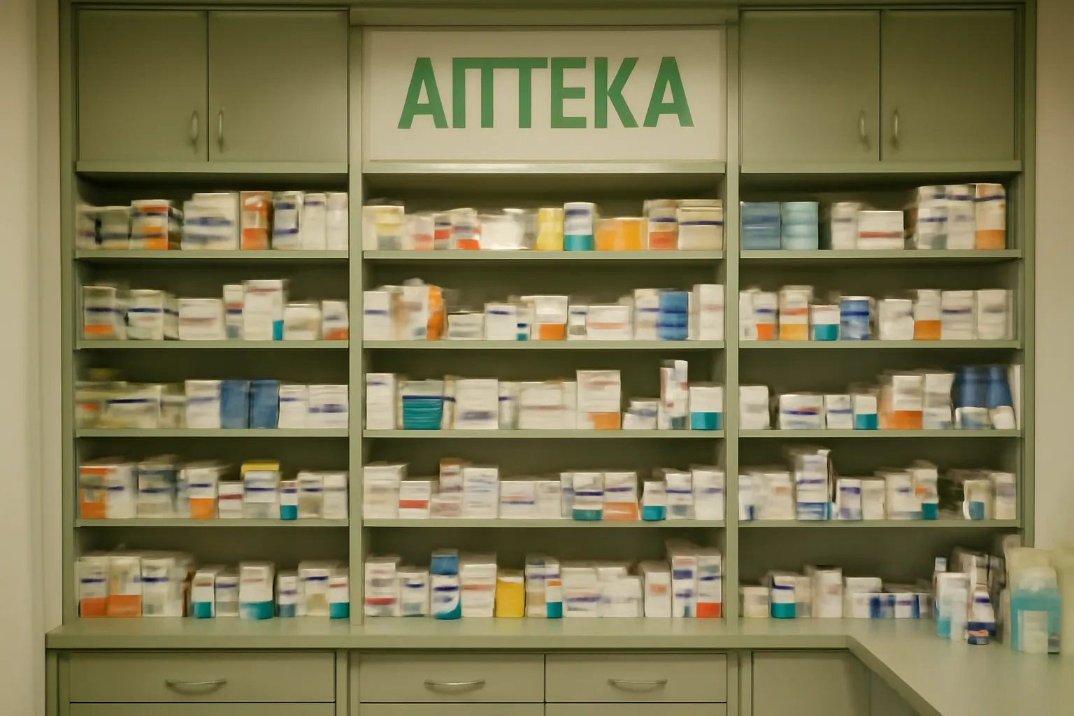 Intérieur d'une pharmacie russe bien organisée avec étagères de médicaments