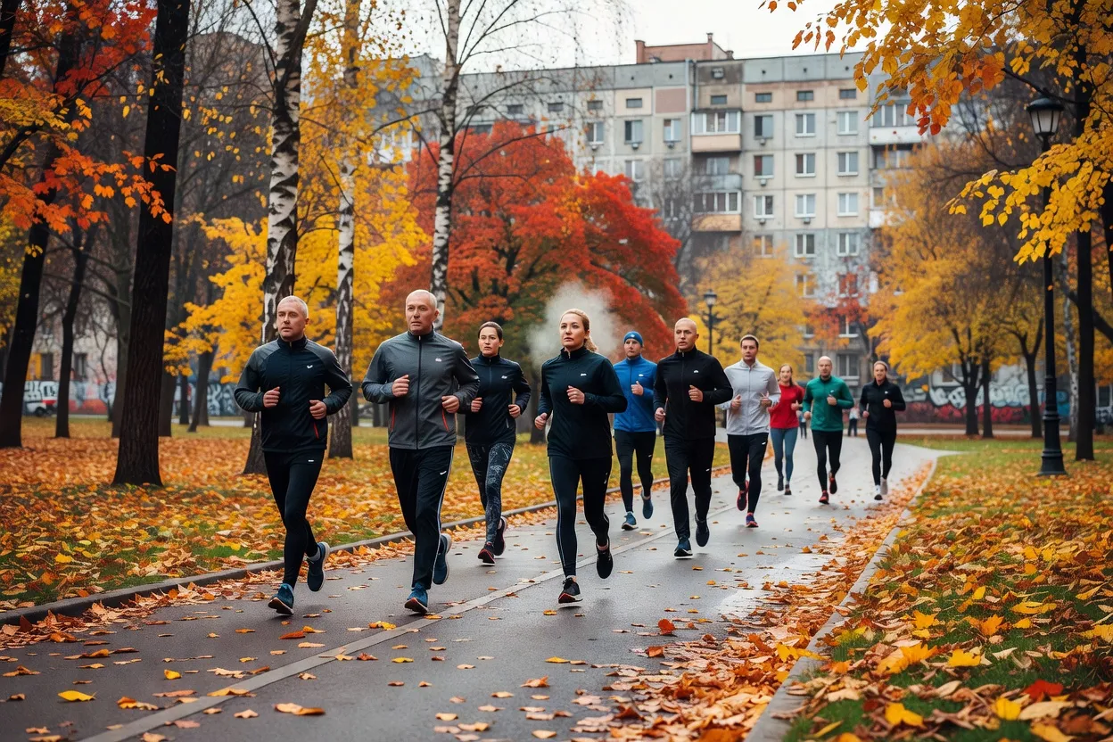 Joggeurs courant le long d'une allée dans un grand parc urbain moscovite en automne