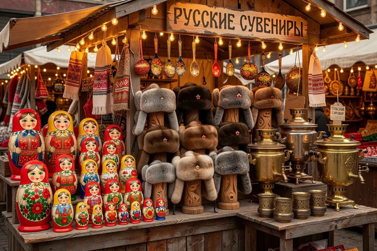 Étal de souvenirs russes avec matriochkas, chapkas et samovars sur un marché artisanal