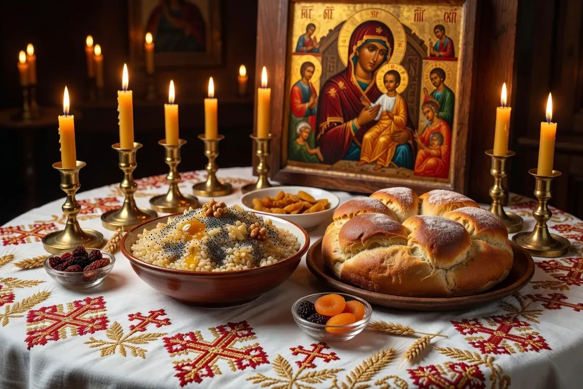 Table de Noël russe orthodoxe avec kutia, pain, bougies et nappes brodées, icône en arrière-plan