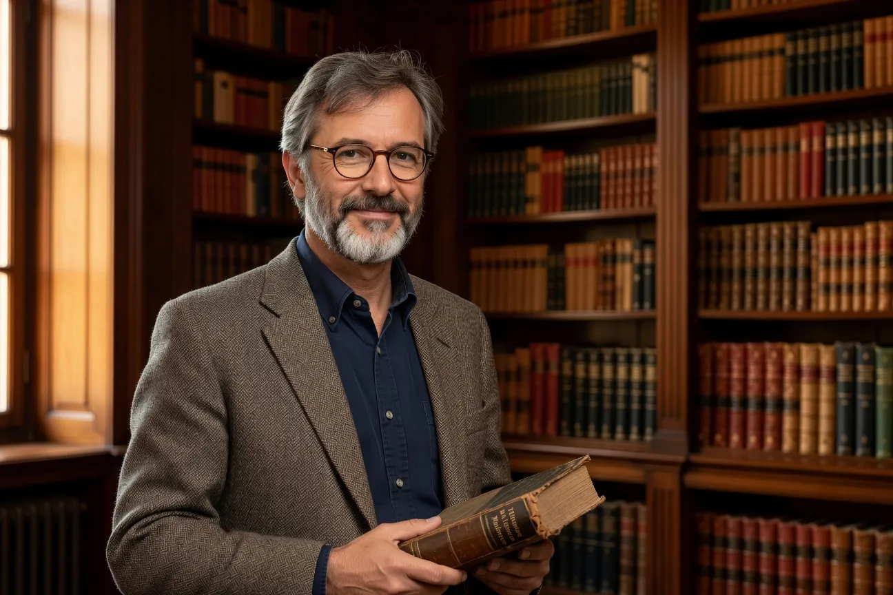 Portrait de l'historien Mikhaïl P. devant une bibliothèque historique