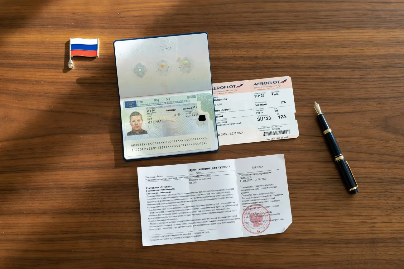 Passeport français ouvert sur un visa russe, tampon douanier et billet d'avion