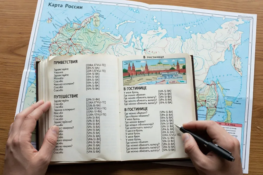 Phrasebook de voyage russe ouvert montrant mots cyrilliques et phonétique, stylo, mains de voyageur, fond de carte de Russie
