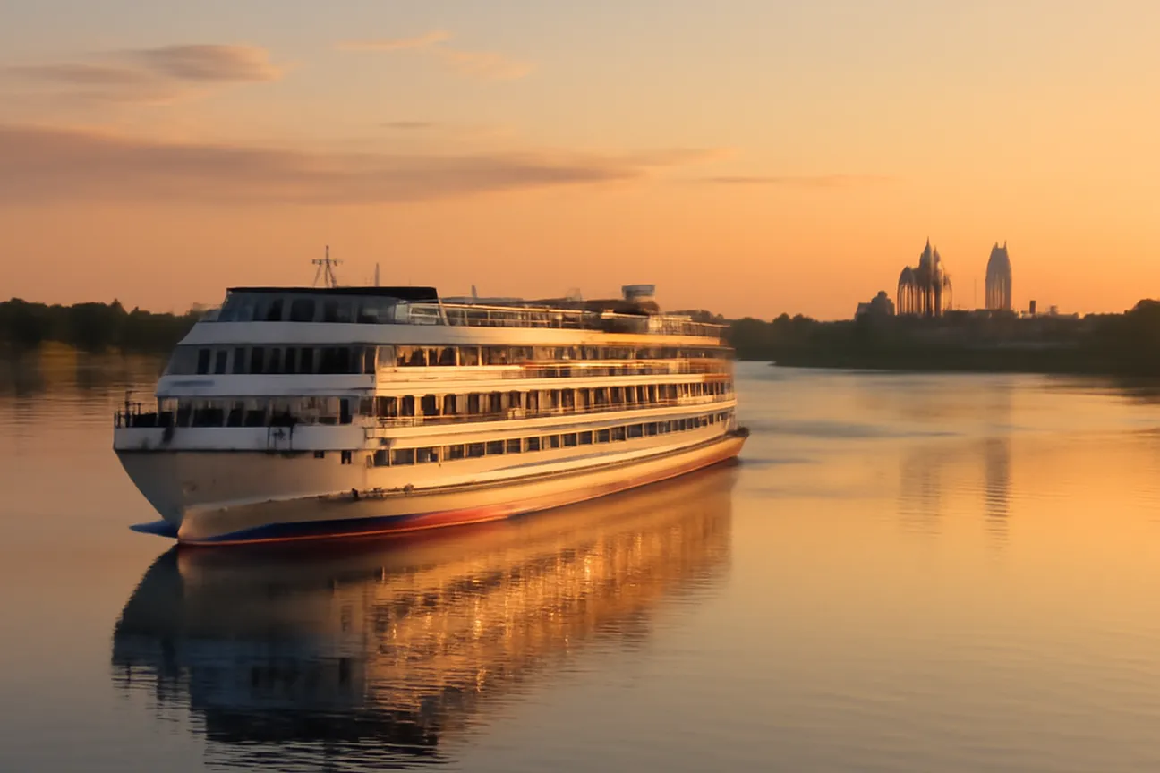 Bateau de croisière fluviale naviguant sur la Volga au coucher du soleil