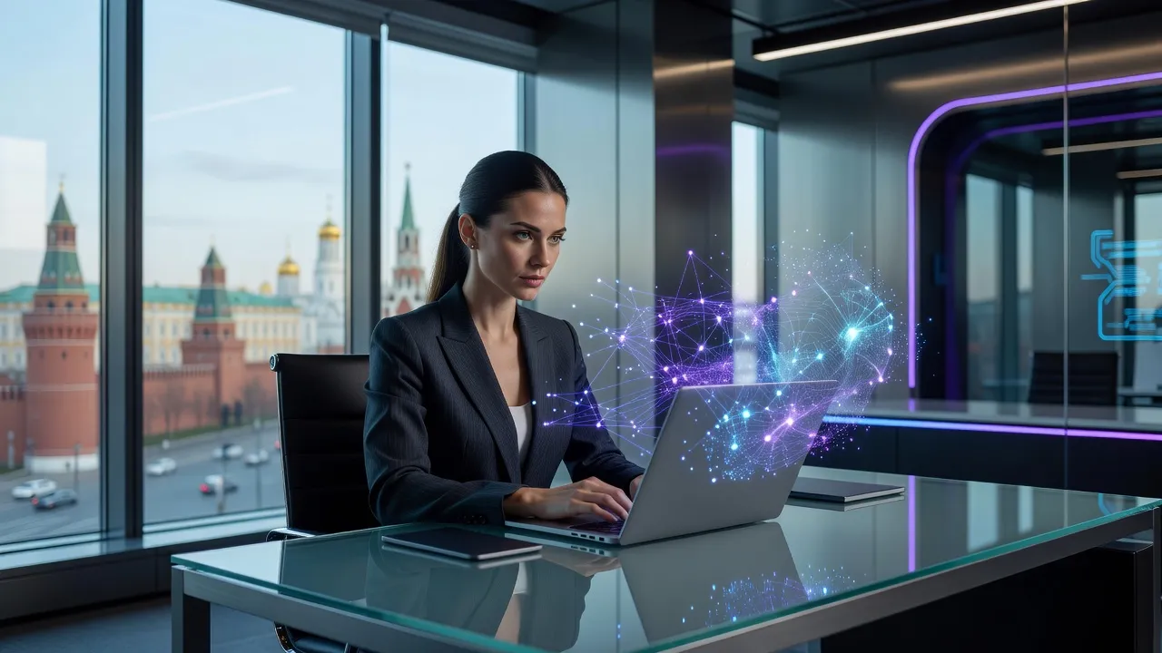 Femme travaillant avec un assistant IA dans un bureau moderne de Moscou, le Kremlin visible à travers les fenêtres